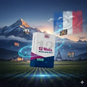 Abonnement IPTV 12 Mois Atlaspro – Service IPTV français fiable en HD/4K, illustration avec paysage de France et drapeau tricolore.